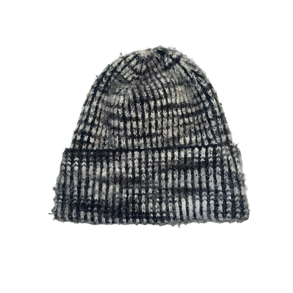 Black Gray Textured Knit Beanie Checked Ribbed Soft Cozy Winter Hat Womens